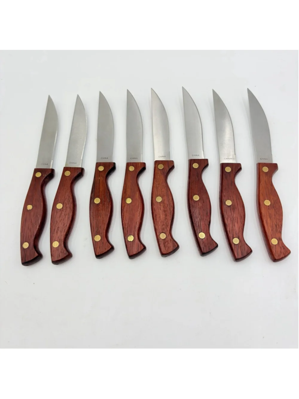 REVERE WARE 1801 Set of 8 STEAK KNIVES Serrated Stainless Wood Handles 9”